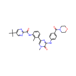 Cc1c(NC(=O)c2ncc(C(C)(C)C)cn2)cccc1-c1cn(C)c(=O)c(Nc2ccc(C(=O)N3CCOCC3)cc2)n1 ZINC000115155264
