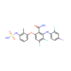 Cc1c(NS(N)(=O)=O)cccc1Oc1cc(F)c(F)c(Nc2ccc(I)cc2F)c1C(N)=O ZINC000653790509