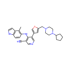 Cc1c(Nc2c(C#N)cncc2-c2coc(CN3CCN(C4CCCC4)CC3)c2)ccc2[nH]ccc12 ZINC000045261246