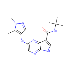 Cc1c(Nc2cnc3[nH]cc(C(=O)NC(C)(C)C)c3n2)cnn1C ZINC000145190671