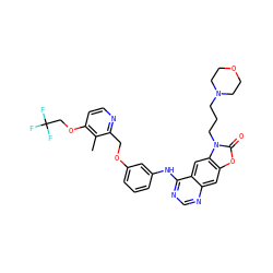 Cc1c(OCC(F)(F)F)ccnc1COc1cccc(Nc2ncnc3cc4oc(=O)n(CCCN5CCOCC5)c4cc23)c1 ZINC000084726332