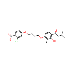 Cc1c(OCCCCOc2ccc(C(=O)O)c(Cl)c2)ccc(C(=O)CC(C)C)c1O ZINC000169351405