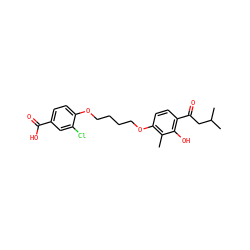 Cc1c(OCCCCOc2ccc(C(=O)O)cc2Cl)ccc(C(=O)CC(C)C)c1O ZINC000169351424