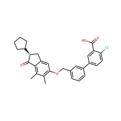 Cc1c(OCc2cccc(-c3ccc(Cl)c(C(=O)O)c3)c2)cc2c(c1C)C(=O)[C@@H](C1CCCC1)C2 ZINC000035999179
