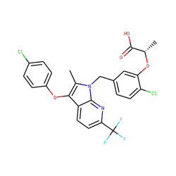 Cc1c(Oc2ccc(Cl)cc2)c2ccc(C(F)(F)F)nc2n1Cc1ccc(Cl)c(O[C@@H](C)C(=O)O)c1 ZINC000042876236