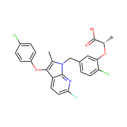 Cc1c(Oc2ccc(Cl)cc2)c2ccc(F)nc2n1Cc1ccc(Cl)c(O[C@@H](C)C(=O)O)c1 ZINC000040392844