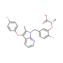 Cc1c(Oc2ccc(Cl)cc2)c2cccnc2n1Cc1ccc(F)c(O[C@@H](C)C(=O)O)c1 ZINC000040846737