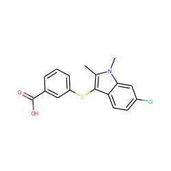 Cc1c(Sc2cccc(C(=O)O)c2)c2ccc(Cl)cc2n1C ZINC000114360696