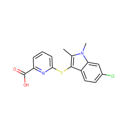 Cc1c(Sc2cccc(C(=O)O)n2)c2ccc(Cl)cc2n1C ZINC001772607844
