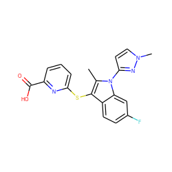 Cc1c(Sc2cccc(C(=O)O)n2)c2ccc(F)cc2n1-c1ccn(C)n1 ZINC001772639641