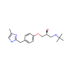 Cc1c[nH]c(Cc2ccc(OC[C@@H](O)CNC(C)(C)C)cc2)n1 ZINC000026019385