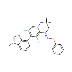 Cc1c[nH]c2c(-c3c(F)cc4c(c3F)/C(=N/Oc3ccccc3)CC(C)(C)N4)cccc12 ZINC000071330730