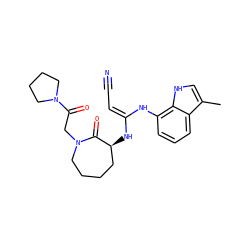 Cc1c[nH]c2c(N/C(=C\C#N)N[C@H]3CCCCN(CC(=O)N4CCCC4)C3=O)cccc12 ZINC000040863971