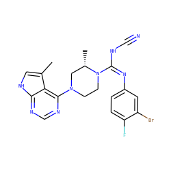 Cc1c[nH]c2ncnc(N3CCN(/C(=N\c4ccc(F)c(Br)c4)NC#N)[C@@H](C)C3)c12 ZINC000045245527