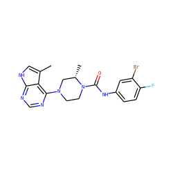 Cc1c[nH]c2ncnc(N3CCN(C(=O)Nc4ccc(F)c(Br)c4)[C@@H](C)C3)c12 ZINC000045259330