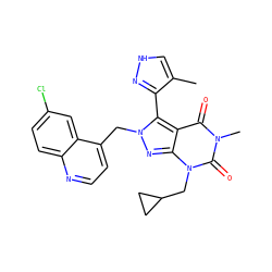 Cc1c[nH]nc1-c1c2c(=O)n(C)c(=O)n(CC3CC3)c2nn1Cc1ccnc2ccc(Cl)cc12 ZINC000084730715