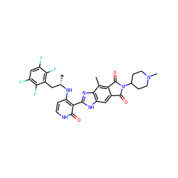 Cc1c2c(cc3[nH]c(-c4c(N[C@@H](C)Cc5c(F)c(F)cc(F)c5F)cc[nH]c4=O)nc13)C(=O)N(C1CCN(C)CC1)C2=O ZINC000113840569