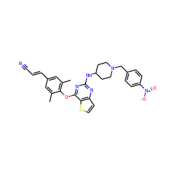 Cc1cc(/C=C/C#N)cc(C)c1Oc1nc(NC2CCN(Cc3ccc([N+](=O)[O-])cc3)CC2)nc2ccsc12 ZINC001772589051