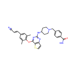 Cc1cc(/C=C/C#N)cc(C)c1Oc1nc(NC2CCN(Cc3ccc(C(N)=O)cc3)CC2)nc2ccsc12 ZINC001772590309