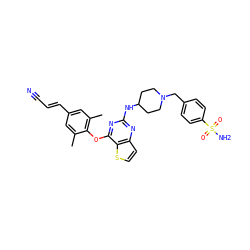 Cc1cc(/C=C/C#N)cc(C)c1Oc1nc(NC2CCN(Cc3ccc(S(N)(=O)=O)cc3)CC2)nc2ccsc12 ZINC001772643193
