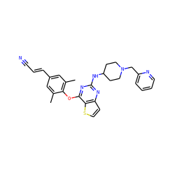 Cc1cc(/C=C/C#N)cc(C)c1Oc1nc(NC2CCN(Cc3ccccn3)CC2)nc2ccsc12 ZINC001772583450