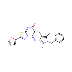 Cc1cc(/C=C2\C(=N)N3N=C(c4ccco4)SC3=NC2=O)c(C)n1Cc1ccccc1 ZINC000009347757