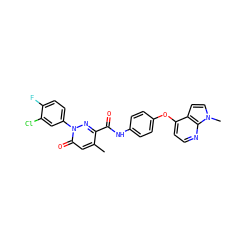 Cc1cc(=O)n(-c2ccc(F)c(Cl)c2)nc1C(=O)Nc1ccc(Oc2ccnc3c2ccn3C)cc1 ZINC001772615779