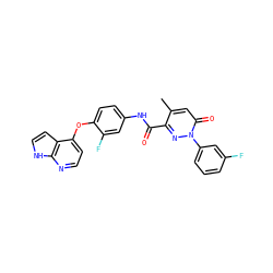 Cc1cc(=O)n(-c2cccc(F)c2)nc1C(=O)Nc1ccc(Oc2ccnc3[nH]ccc23)c(F)c1 ZINC001772641013