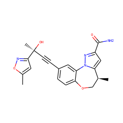 Cc1cc([C@@](C)(O)C#Cc2ccc3c(c2)-n2nc(C(N)=O)cc2[C@@H](C)CO3)no1 ZINC000219471434