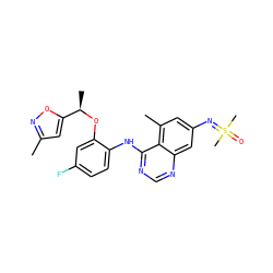 Cc1cc([C@@H](C)Oc2cc(F)ccc2Nc2ncnc3cc(N=S(C)(C)=O)cc(C)c23)on1 ZINC001772621362