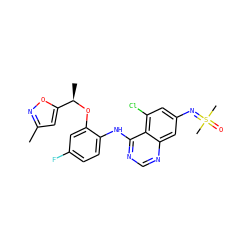 Cc1cc([C@@H](C)Oc2cc(F)ccc2Nc2ncnc3cc(N=S(C)(C)=O)cc(Cl)c23)on1 ZINC001772581247