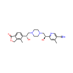 Cc1cc([C@@H](O)CN2CCN(C[C@H](O)c3ccc4c(c3C)COC4=O)CC2)ncc1C#N ZINC000139448574
