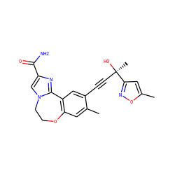 Cc1cc([C@](C)(O)C#Cc2cc3c(cc2C)OCCn2cc(C(N)=O)nc2-3)no1 ZINC000215739762