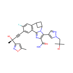 Cc1cc([C@](C)(O)C#Cc2cc3c(cc2F)C2CC(C2)n2c-3nc(C(N)=O)c2-c2cnn(CC(C)(C)O)c2)no1 ZINC000219508698