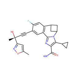 Cc1cc([C@](C)(O)C#Cc2cc3c(cc2F)C2CC(C2)n2c-3nc(C(N)=O)c2C2CC2)no1 ZINC000215775701