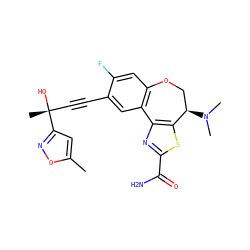 Cc1cc([C@](C)(O)C#Cc2cc3c(cc2F)OC[C@@H](N(C)C)c2sc(C(N)=O)nc2-3)no1 ZINC000219546929