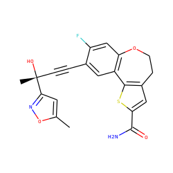 Cc1cc([C@](C)(O)C#Cc2cc3c(cc2F)OCCc2cc(C(N)=O)sc2-3)no1 ZINC000215763367