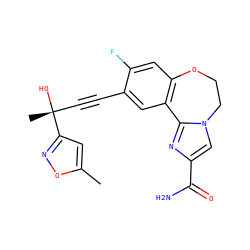Cc1cc([C@](C)(O)C#Cc2cc3c(cc2F)OCCn2cc(C(N)=O)nc2-3)no1 ZINC000205787249