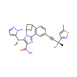 Cc1cc([C@](C)(O)C#Cc2ccc3c(c2)-c2nc(C(N)=O)c([C@H](O)c4ccnn4C)n2C2CC3C2)no1 ZINC000219465215