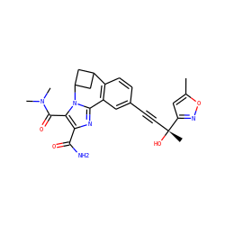 Cc1cc([C@](C)(O)C#Cc2ccc3c(c2)-c2nc(C(N)=O)c(C(=O)N(C)C)n2C2CC3C2)no1 ZINC000219454628