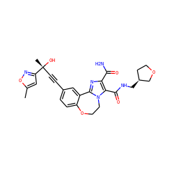 Cc1cc([C@](C)(O)C#Cc2ccc3c(c2)-c2nc(C(N)=O)c(C(=O)NC[C@H]4CCOC4)n2CCO3)no1 ZINC000219416781