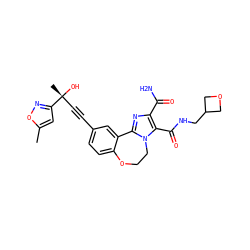 Cc1cc([C@](C)(O)C#Cc2ccc3c(c2)-c2nc(C(N)=O)c(C(=O)NCC4COC4)n2CCO3)no1 ZINC000215750442