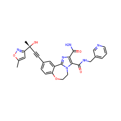 Cc1cc([C@](C)(O)C#Cc2ccc3c(c2)-c2nc(C(N)=O)c(C(=O)NCc4cccnc4)n2CCO3)no1 ZINC000215755696