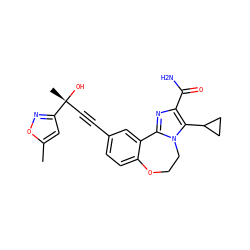 Cc1cc([C@](C)(O)C#Cc2ccc3c(c2)-c2nc(C(N)=O)c(C4CC4)n2CCO3)no1 ZINC000215775761