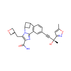 Cc1cc([C@](C)(O)C#Cc2ccc3c(c2)-c2nc(C(N)=O)c(CC4(C)COC4)n2C2CC3C2)no1 ZINC000215775321