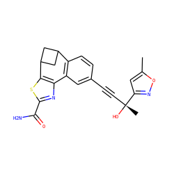 Cc1cc([C@](C)(O)C#Cc2ccc3c(c2)-c2nc(C(N)=O)sc2C2CC3C2)no1 ZINC000215756587