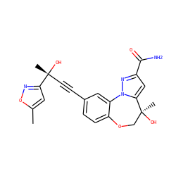 Cc1cc([C@](C)(O)C#Cc2ccc3c(c2)-n2nc(C(N)=O)cc2[C@@](C)(O)CO3)no1 ZINC000219489878