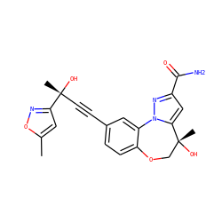 Cc1cc([C@](C)(O)C#Cc2ccc3c(c2)-n2nc(C(N)=O)cc2[C@](C)(O)CO3)no1 ZINC000219489963