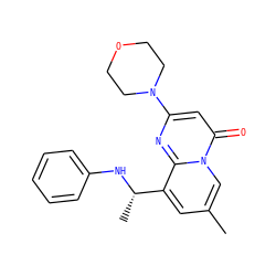 Cc1cc([C@H](C)Nc2ccccc2)c2nc(N3CCOCC3)cc(=O)n2c1 ZINC000019862654