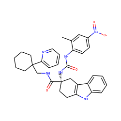 Cc1cc([N+](=O)[O-])ccc1NC(=O)N[C@@]1(C(=O)NCC2(c3ccccn3)CCCCC2)CCc2[nH]c3ccccc3c2C1 ZINC000026820377